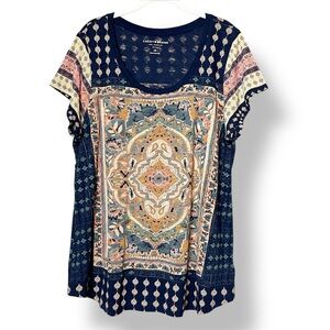 Lucky Brand Scoop Neck T-Shirt 1X boho top navy blue cotton modal short sleeve